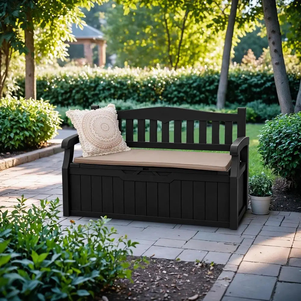 BestsellerLockable 80 Gallon Outdoor Storage Bench with Cushions, Patio Furniture, Garden Decor, and Pool Supplies (Black)