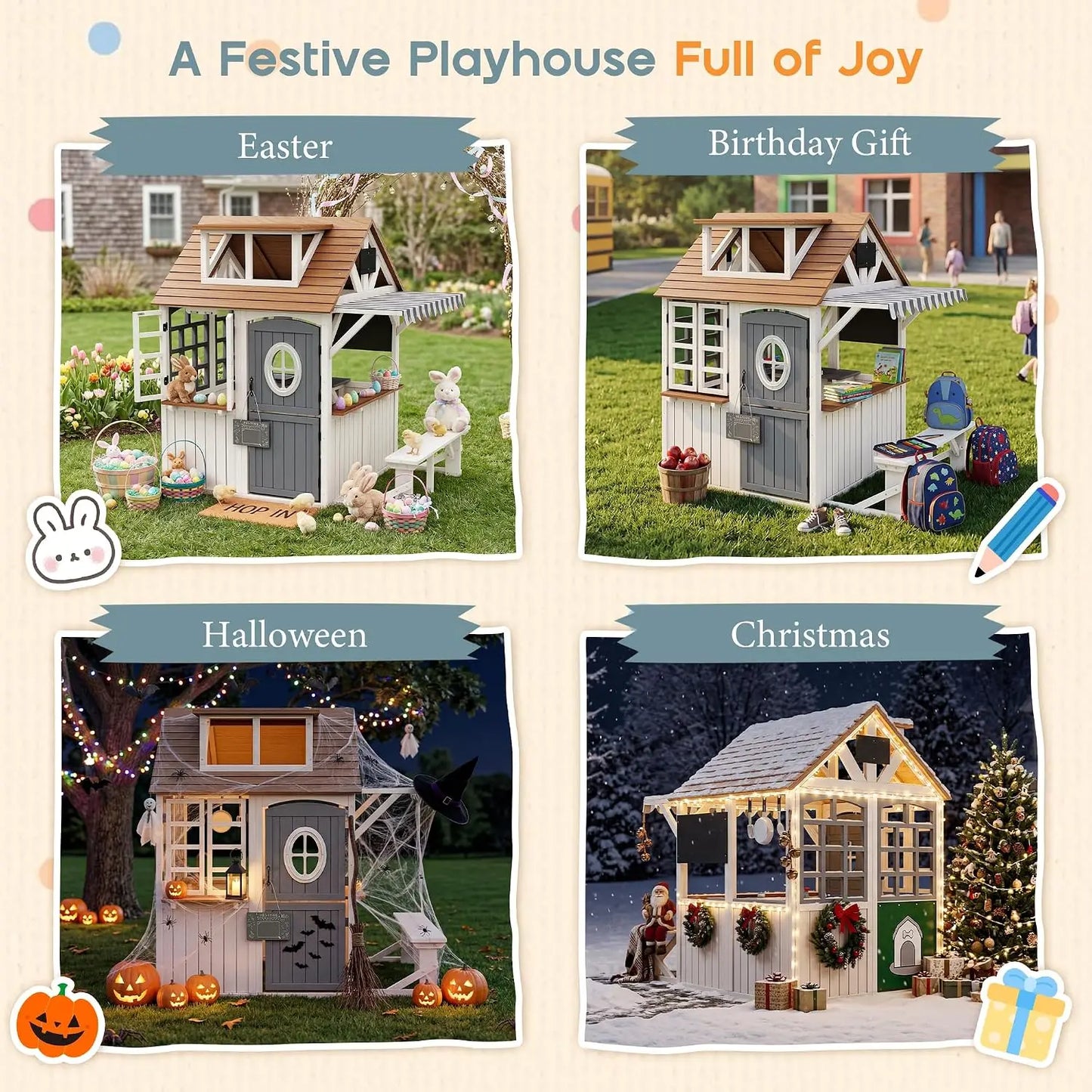Durable Fir Wood Outdoor Kids Playhouse,Waterproof Roof With Kitchen Set & Chalkboard, Custom