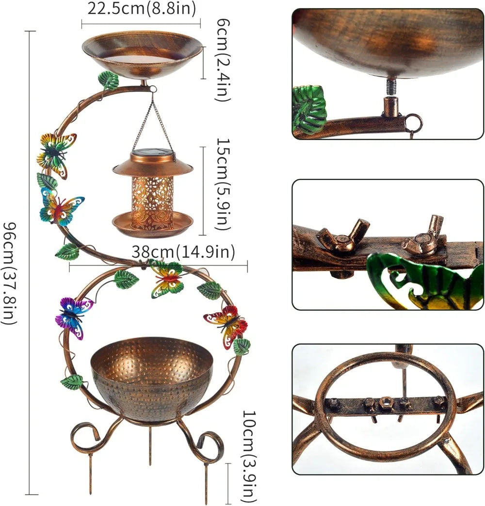 Metal Birdbath with Flower Planter Pedestal and Solar Bird Feeders Combo for Outdoor, Decorative Bird Bath with Butterfly for Garden