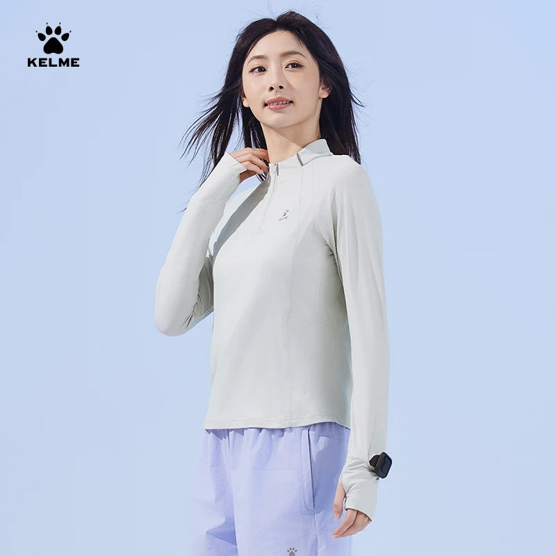 KELME Running Sun Protection T-Shirt Women's Summer Half Zipper Sports Quick Dry Long Sleeve Training Top
