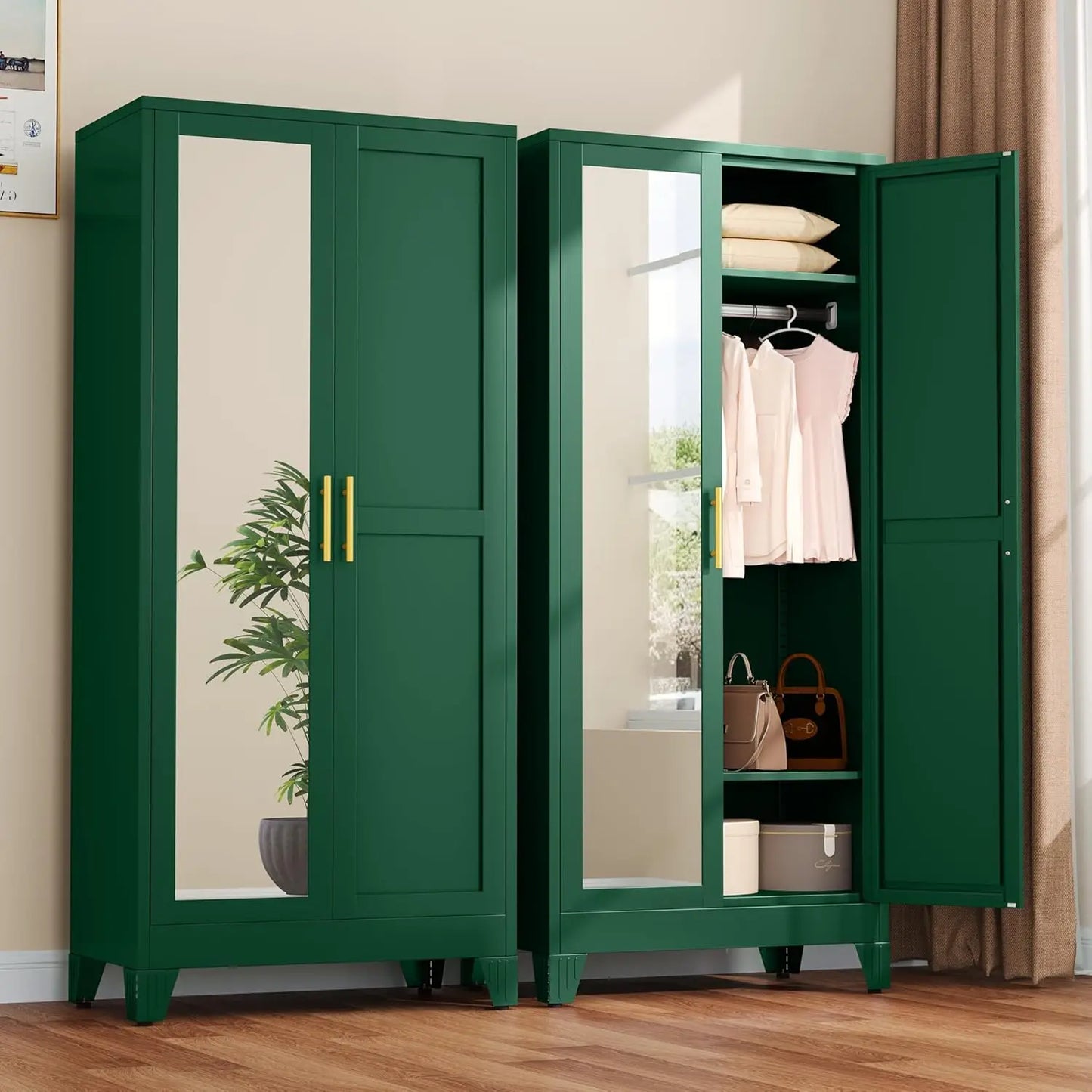 71" Metal Wardrobe Armoire 2 Mirror Doors Adjustable Shelves & Hanging Rod Clothing Storage Cabinet, Custom
