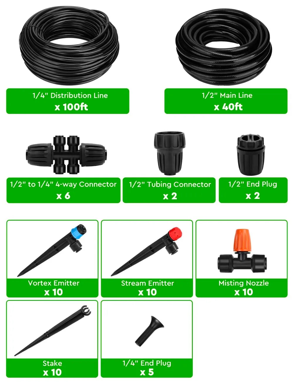 Drip Irrigation System Kit: 40FT 1/2" Mainline & 100FT 1/4" Tubing, Adjustable Emitters & Misting Sprinkler for Garden