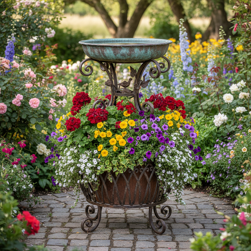 Metal Birdbath with Flower Planter Pedestal
