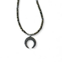 Pave Diamond Crescent Moon on Faceted Pyrite choker