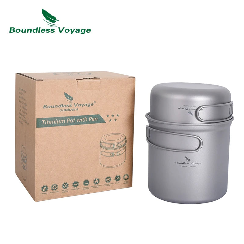Boundless Voyage Camping Titanium Pot Pan Set Outdoor Portable Mug Multi-Functional Tableware Mess Kit Cooking Set