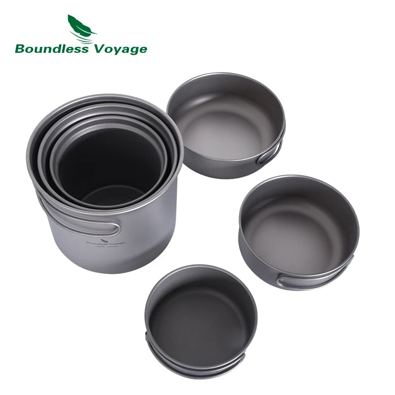 Boundless Voyage Camping Titanium Pot Pan Set Outdoor Portable Mug Multi-Functional Tableware Mess Kit Cooking Set