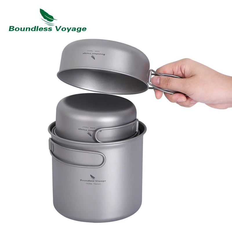 Boundless Voyage Camping Titanium Pot Pan Set Outdoor Portable Mug Multi-Functional Tableware Mess Kit Cooking Set
