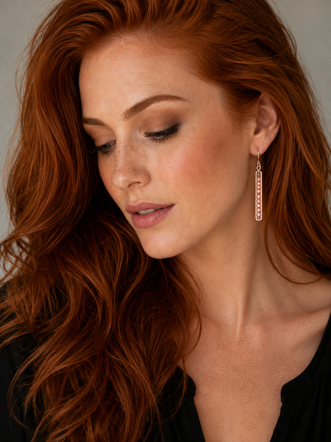 Rose Gold Wire With Peach Crystal Caviar Stick Earrings