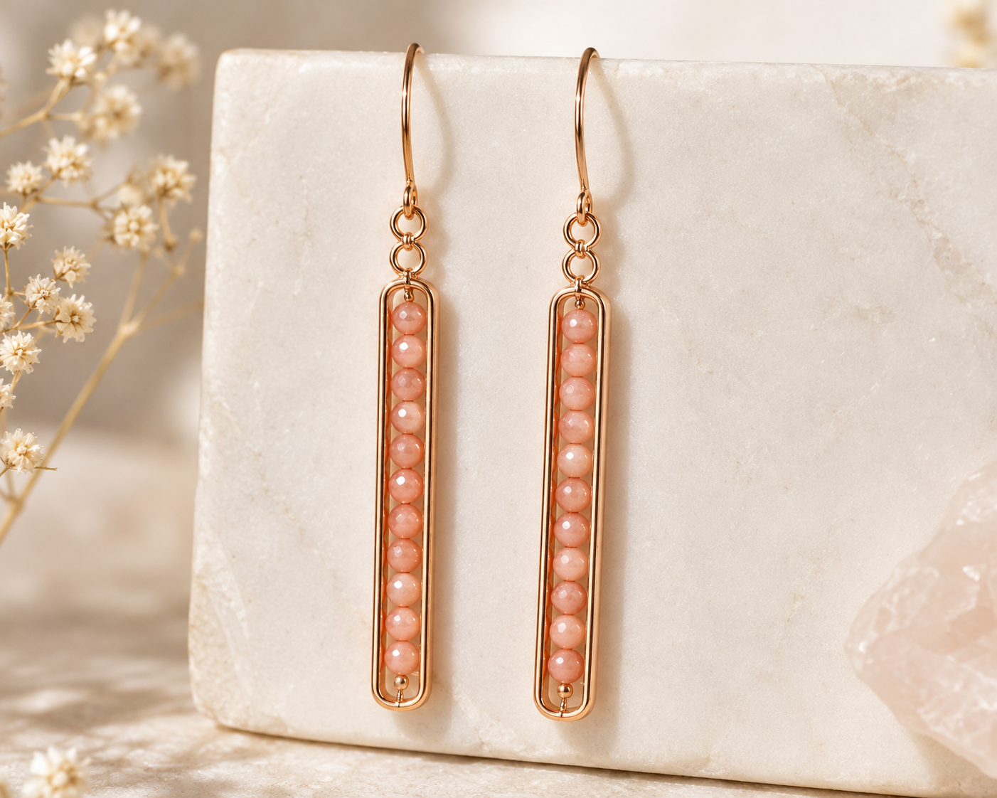 Rose Gold Wire With Peach Crystal Caviar Stick Earrings