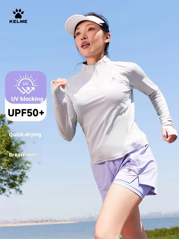 KELME Running Sun Protection T-Shirt Women's Summer Half Zipper Sports Quick Dry Long Sleeve Training Top