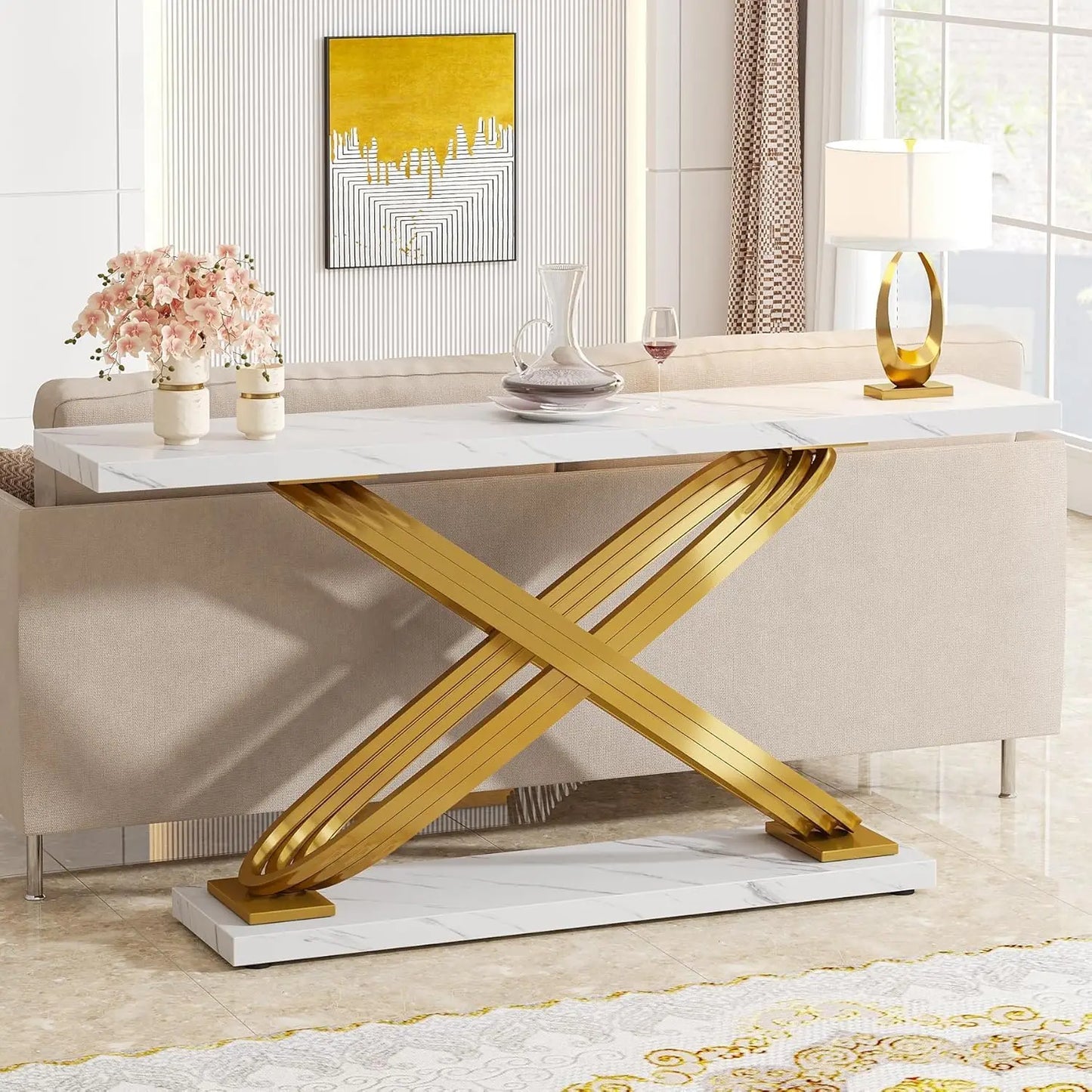 55 Inch Modern Console Table, Gold Entryway Table Behind Sofa Couch, Narrow Rectangular Sofa Table for Living Room, Bedroom
