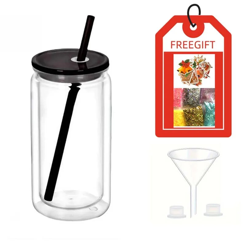 Double Wall Snowglobe Plastic Cups with Pre-Drilled Hole Christmas Straw Water Bottte Clear Tumbler Coffee Juice Drinkware Gifts