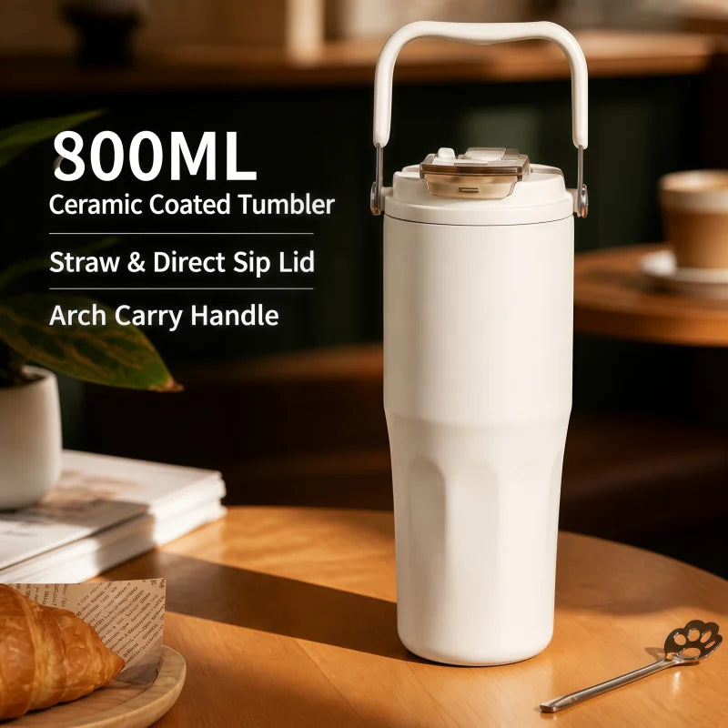 800ML Ceramic Coated Insulated Tumbler with Straw Leakproof Travel Water Bottle Detachable Handle Tea Infuser Cup for Office Car