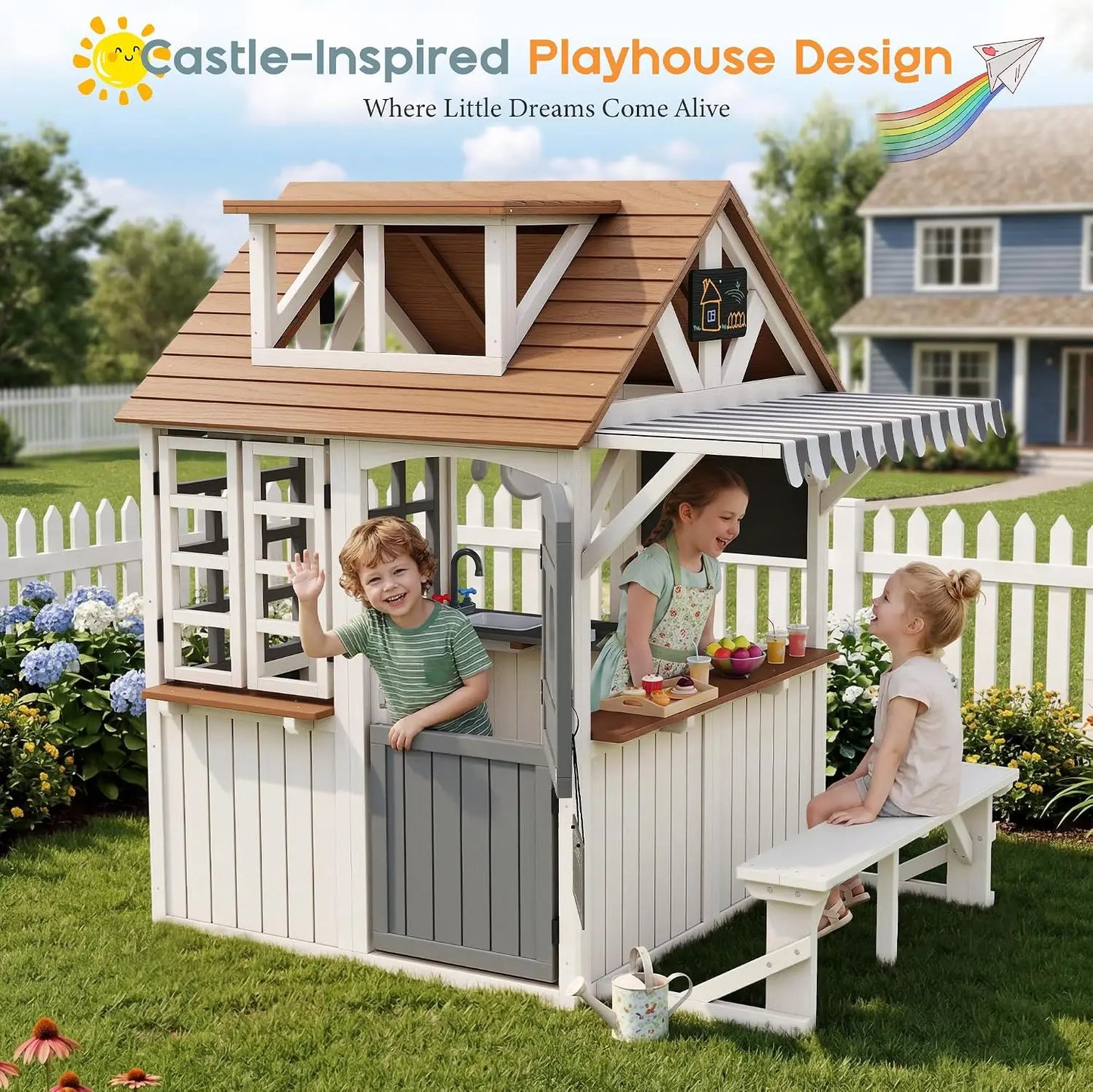 Durable Fir Wood Outdoor Kids Playhouse,Waterproof Roof With Kitchen Set & Chalkboard, Custom