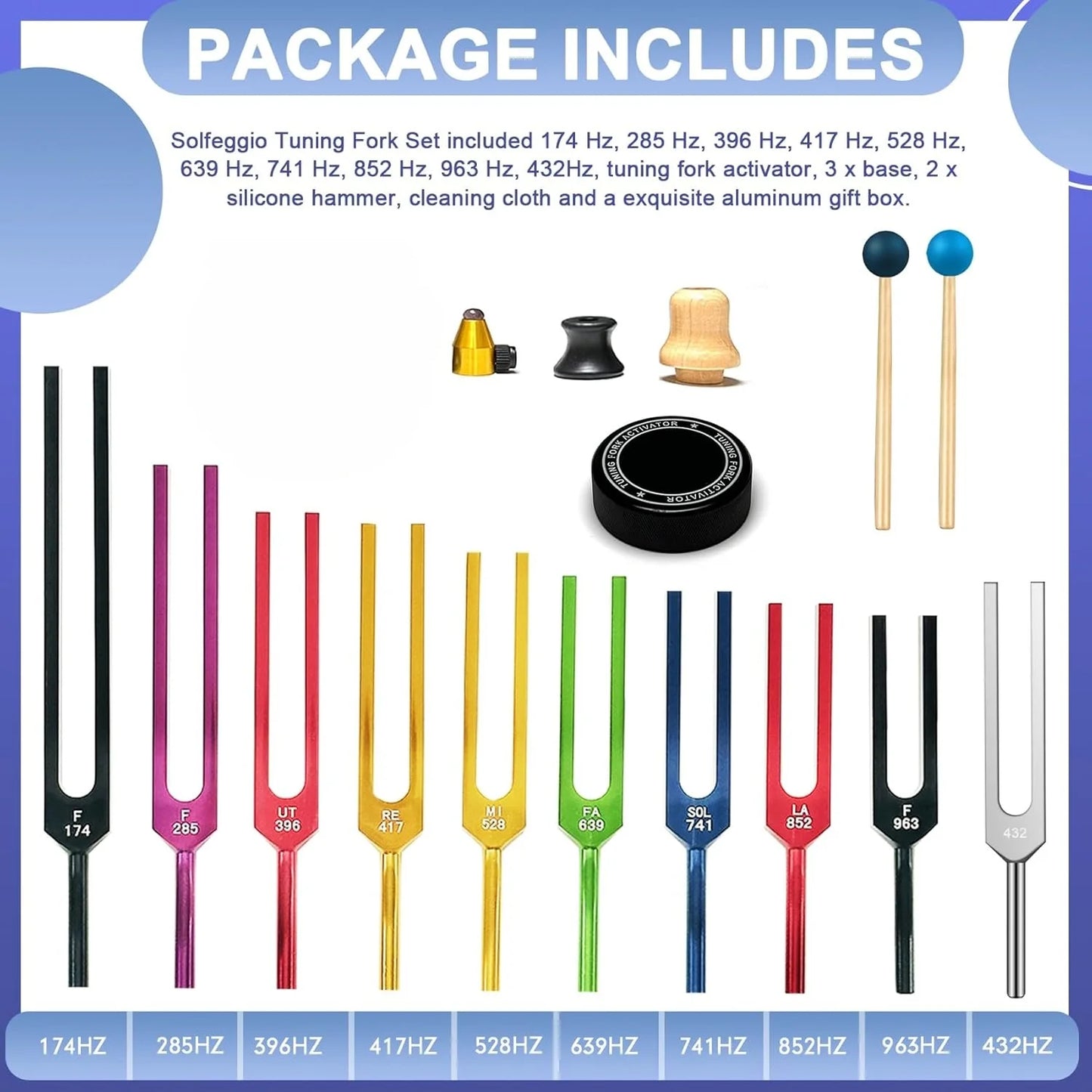 Solfeggio Tuning Fork Set - 10 Multicolour Tuning Forks Perfect for DNA Healing with Exquisite Aluminum Gift Box (174 Hz, ...)