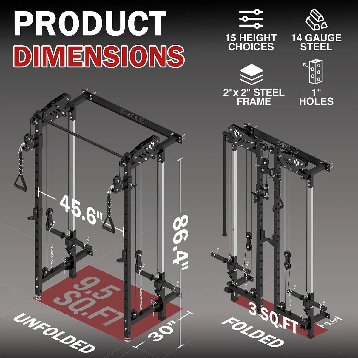 Folding Squat Rack, Wall Mounted Power Rack with Cable Crossover Machine & LAT Pull Down, Functional Trainer with 5, Customized