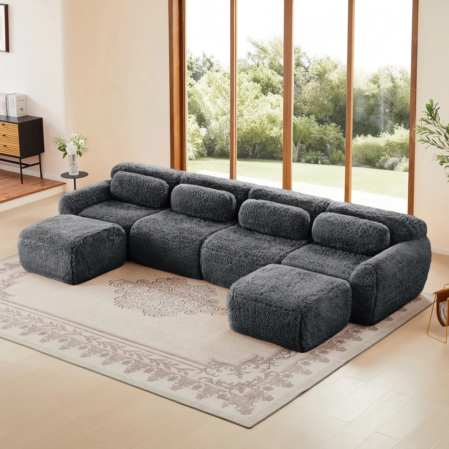 U-Shaped Boneless Sofa with 32D High Density Sponge, 4-Seat Modular Plush Couch with Non-Slip Base, No Assembly Required Ergonomic Design for Living Room Study, Chocolate