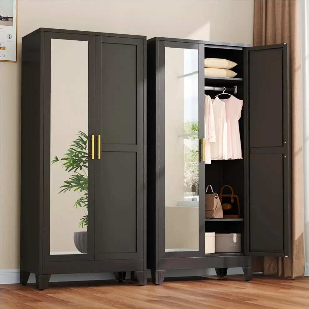 71" Metal Wardrobe Armoire 2 Mirror Doors Adjustable Shelves & Hanging Rod Clothing Storage Cabinet, Custom