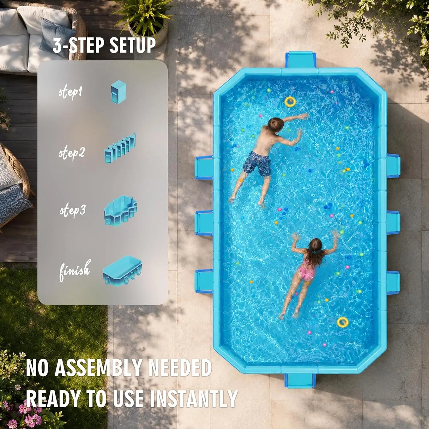 Large Foldable Pool for Adults, Non-inflatable, Oversize Thickened Collapsible Pool, 116" x 65" x 21"