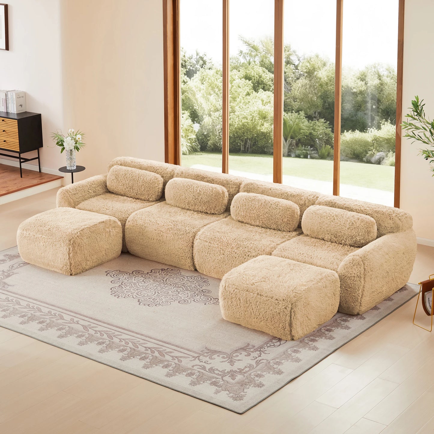 U-Shaped Boneless Sofa with 32D High Density Sponge, 4-Seat Modular Plush Couch with Non-Slip Base, No Assembly Required Ergonomic Design for Living Room Study, Chocolate