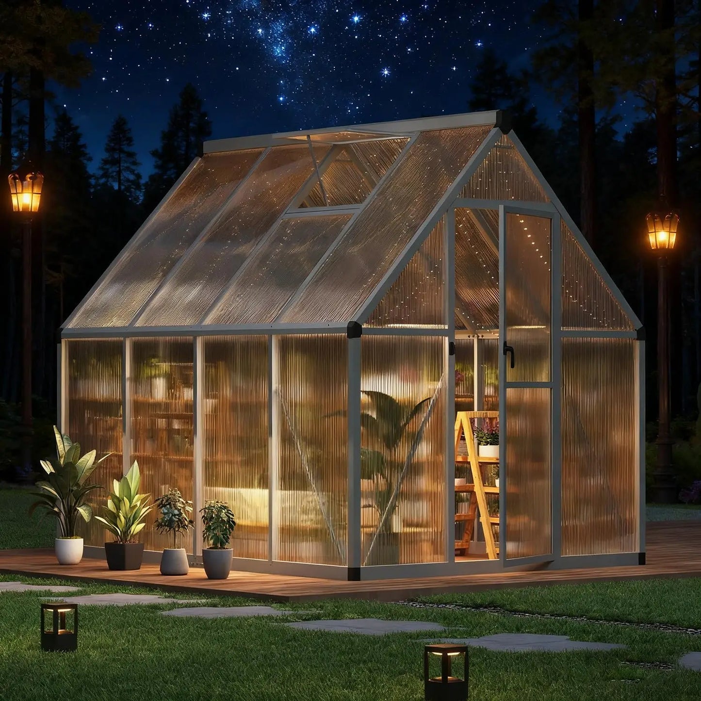 6x7 FT Outdoor Greenhouse, Heavy-Duty Polycarbonate Greenhouse Kit with Reinforced Aluminum Frame, Adjustable Roof Vent & Quick-