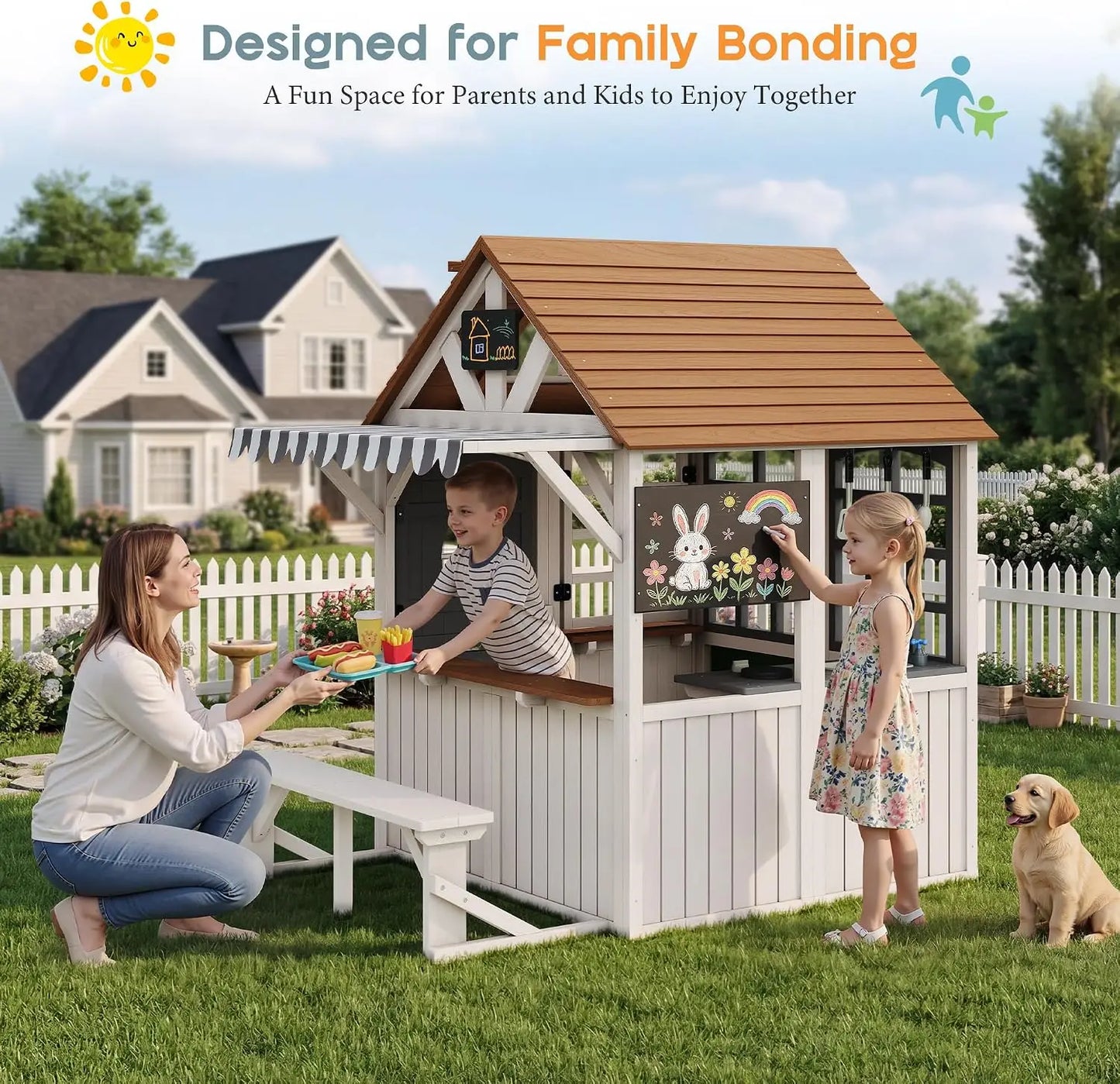 Durable Fir Wood Outdoor Kids Playhouse,Waterproof Roof With Kitchen Set & Chalkboard, Custom
