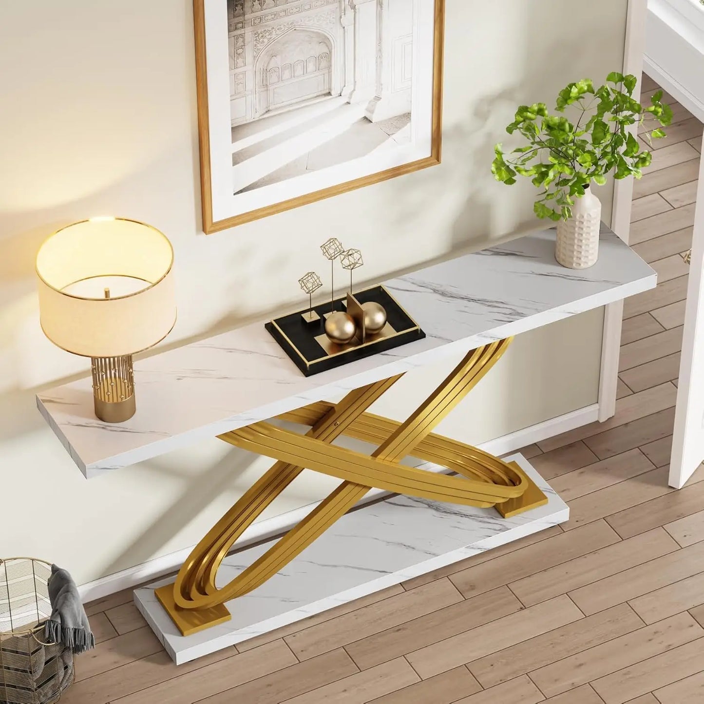 55 Inch Modern Console Table, Gold Entryway Table Behind Sofa Couch, Narrow Rectangular Sofa Table for Living Room, Bedroom