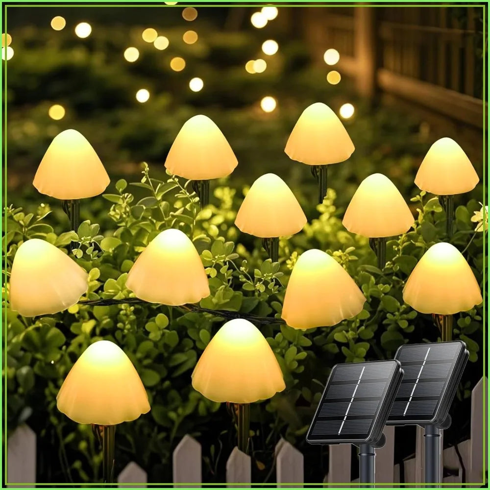 2PK 32LED 55FT Mushroom Solar Garden Lights, 8 Modes Waterproof Outdoor String Lights for Yard Decoration