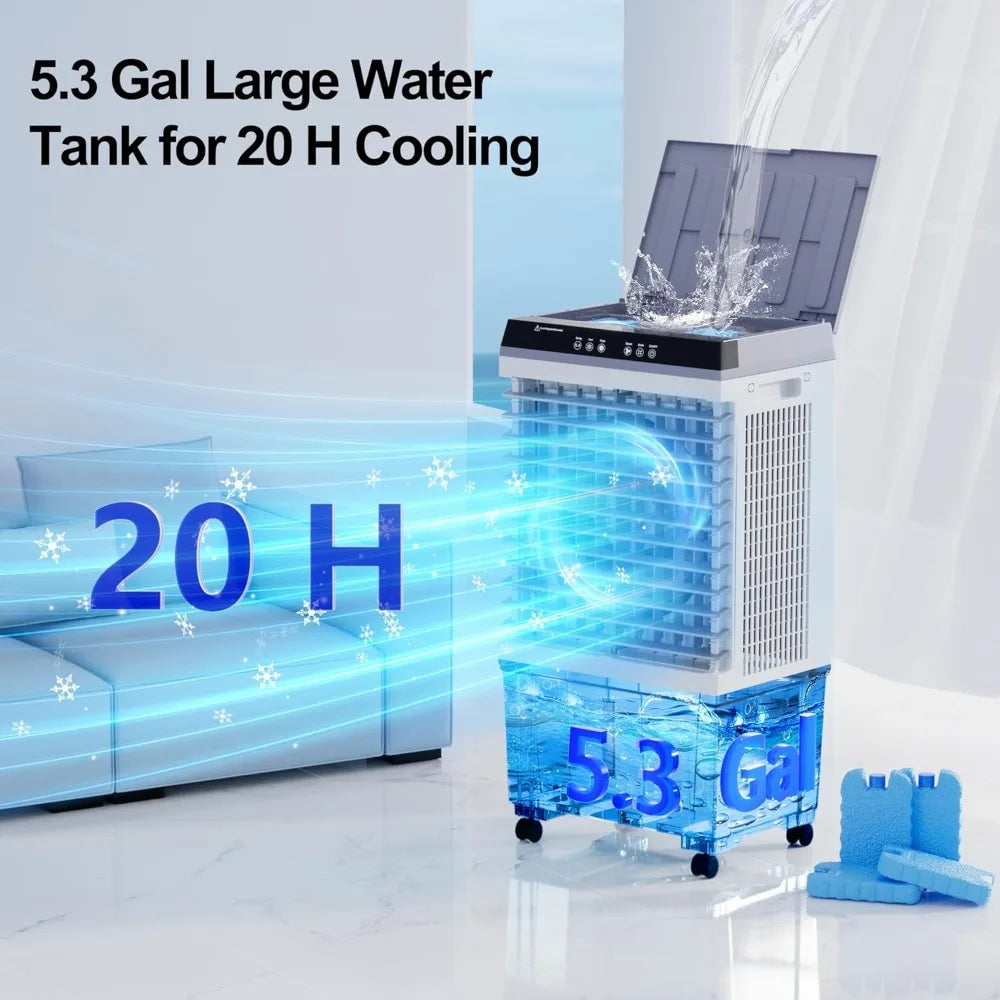 1800 CFM Swamp Cooler, 3-IN-1 Portable Evaporative Air Cooler with 5.3 Gal Tank, 6 Ice Packs, Remote, 12H Timer, 120° Oscillation, Cooling Fan for Room
