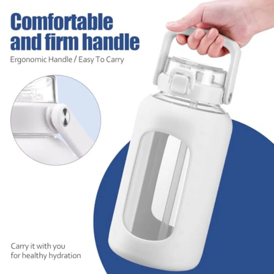 Glass Water Bottle with Straw and Handle Large Water Bottle with Sip and Chug Lid 2.5L Water Jug Silicone Sleeve with Time Full