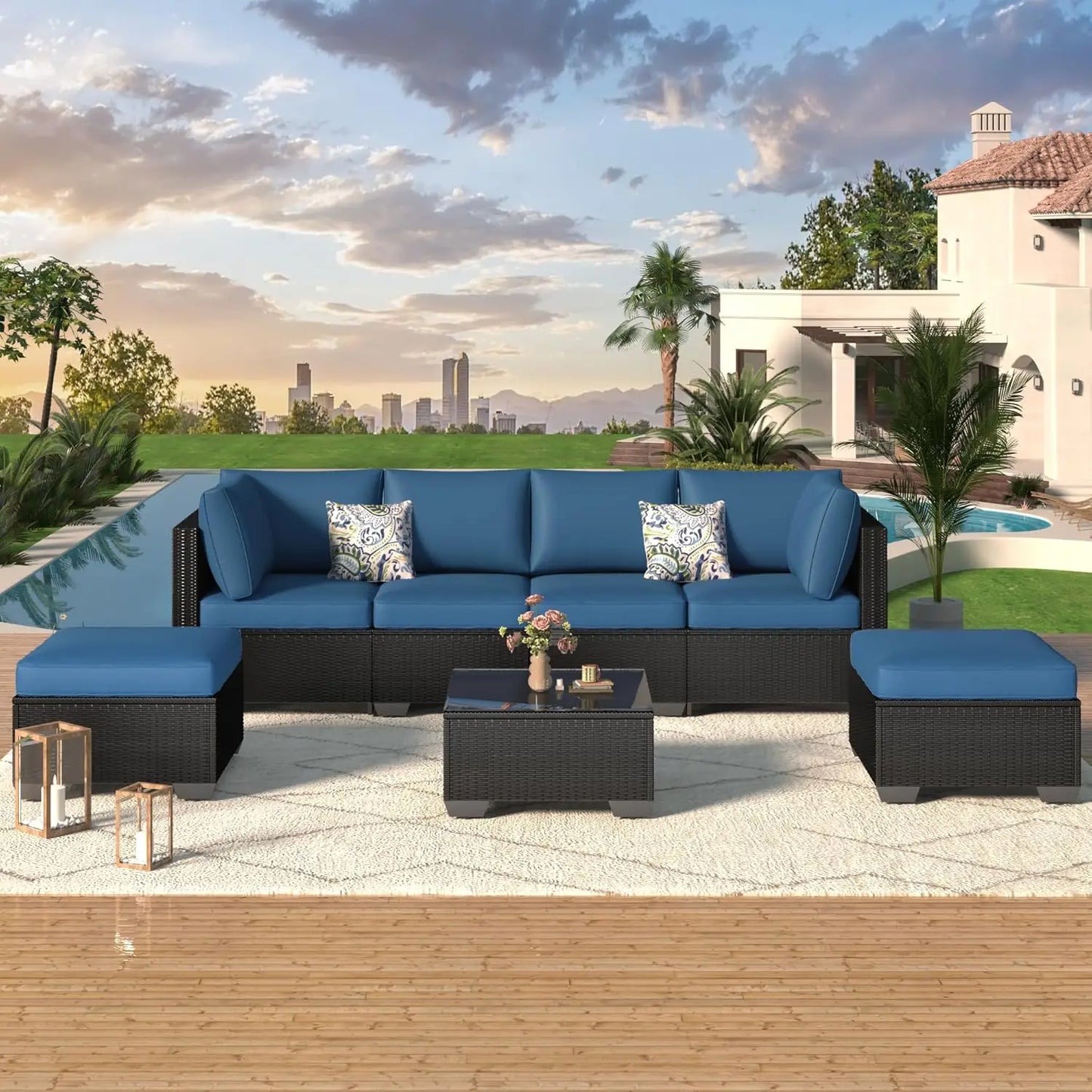 7 Piece Outdoor Patio Furniture Set, PE Rattan Wicker Sofa Set, Black Rattan