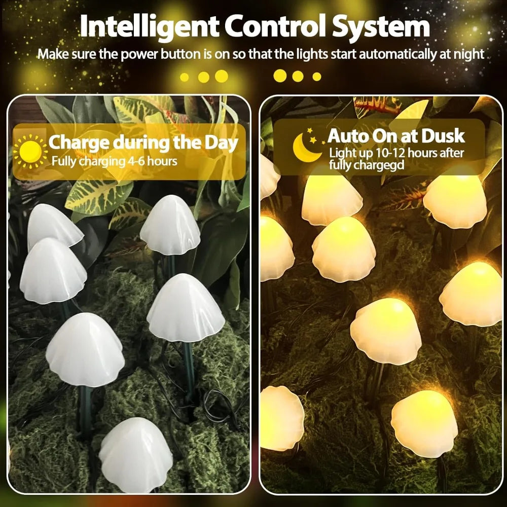 2PK 32LED 55FT Mushroom Solar Garden Lights, 8 Modes Waterproof Outdoor String Lights for Yard Decoration