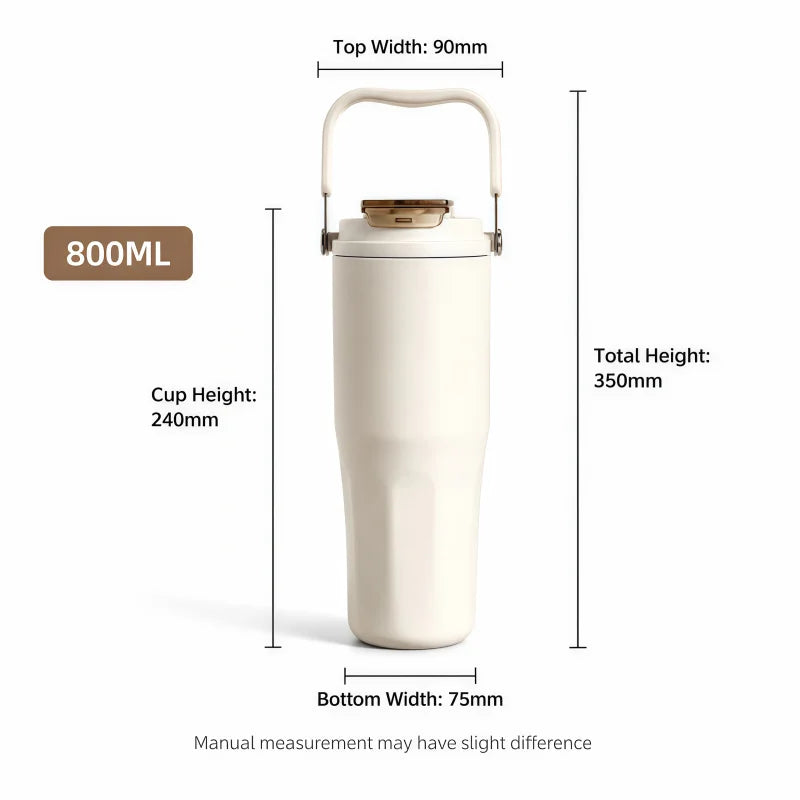 800ML Ceramic Coated Insulated Tumbler with Straw Leakproof Travel Water Bottle Detachable Handle Tea Infuser Cup for Office Car