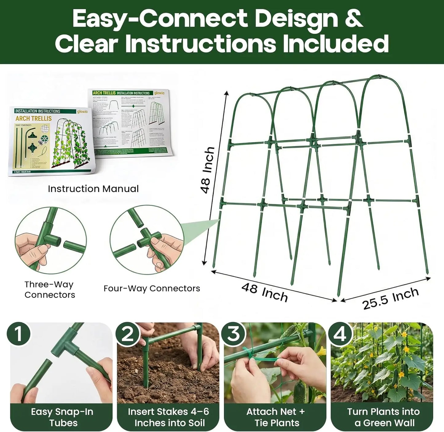 48x48 U Shape Cucumber Trellis for Raised Bed - Vegetable Garden Support for Climbing Plants, Cucumbers, Peas, Zucchini, Squash, Tomatoes, Green Beans, Vines, Watermelon, Melon, Pumpkin