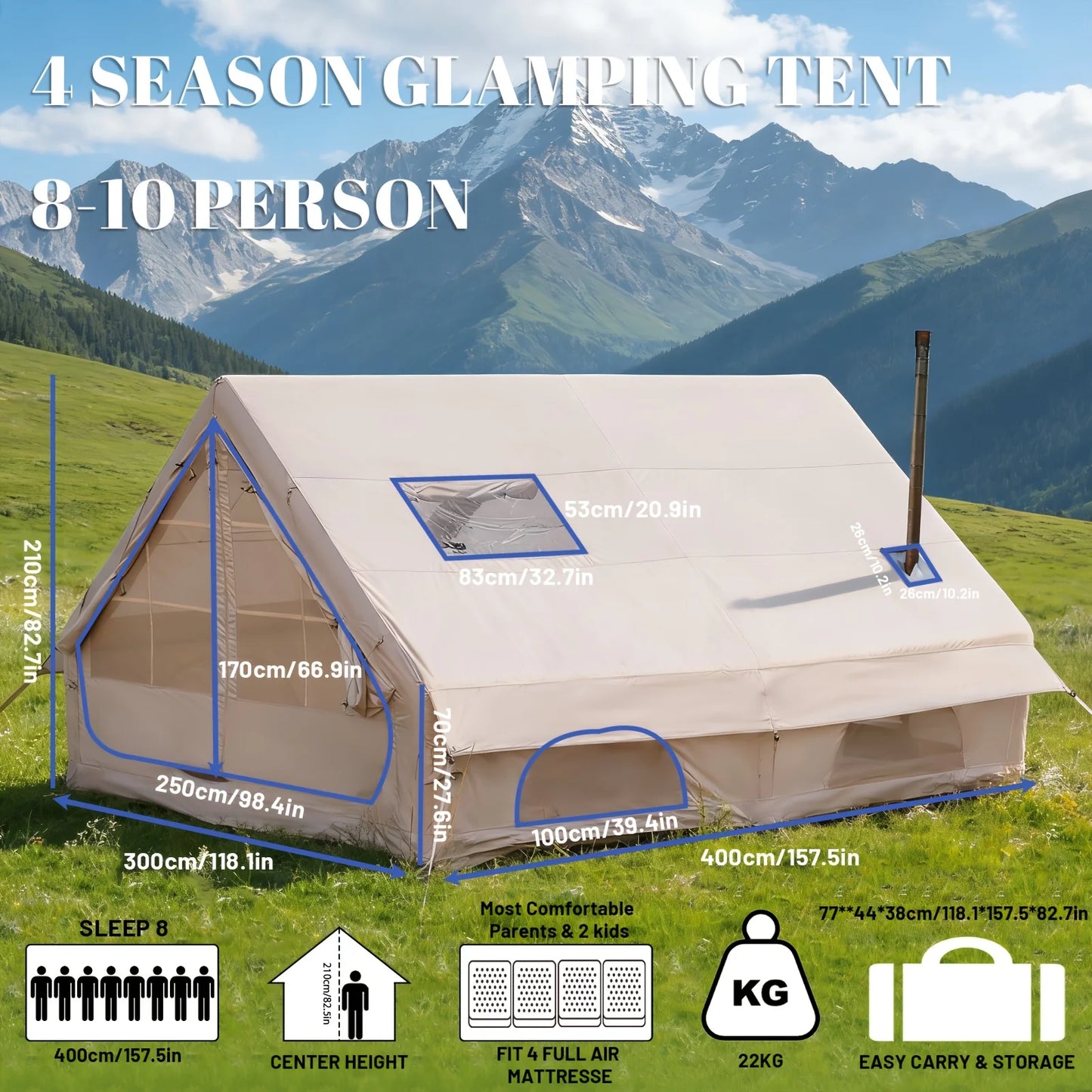 Large Inflatable Camping Tent with Skylight, Quick Air-Flow & Breathable Mesh Design, Summer Glamping Hot Tents for Ca