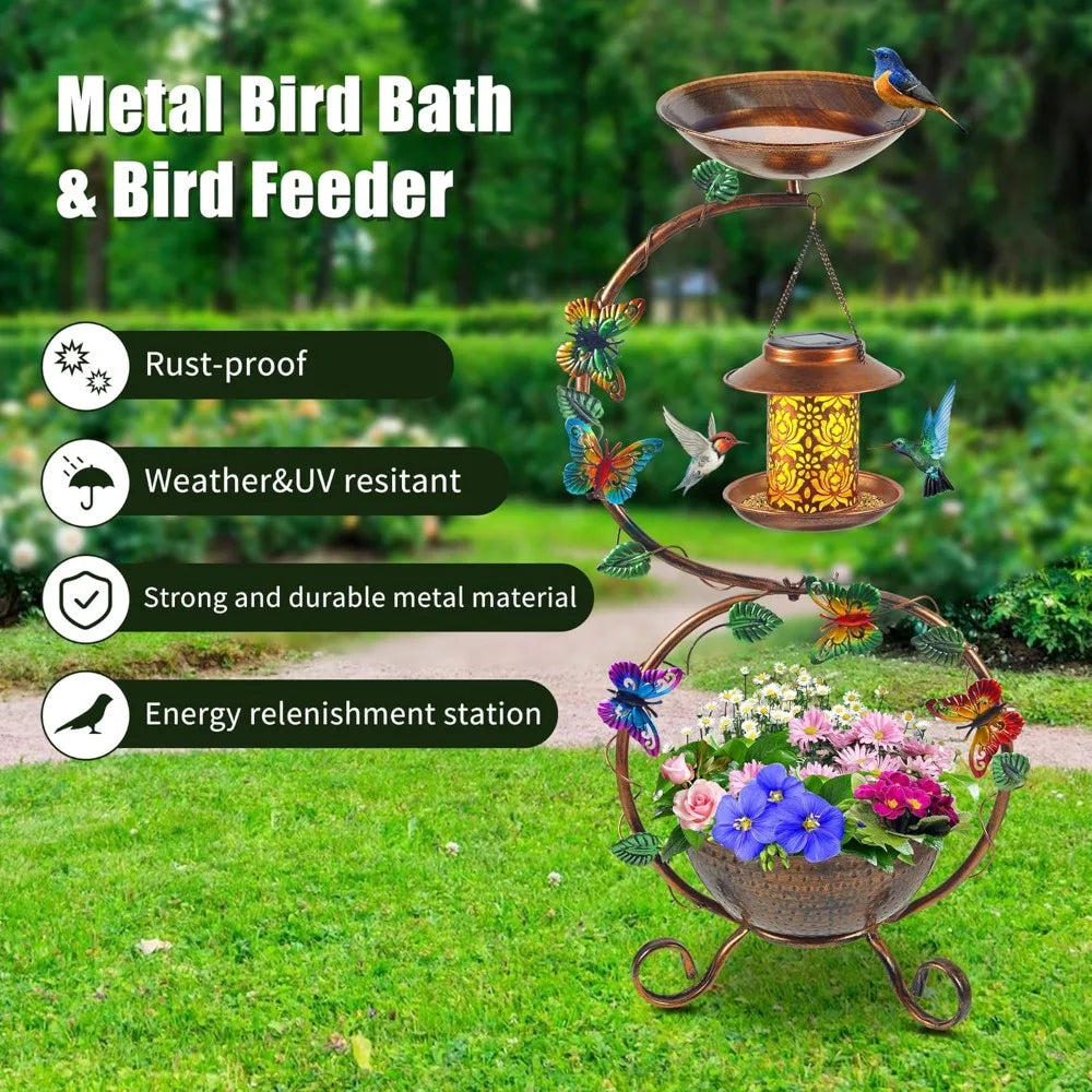 Metal Birdbath with Flower Planter Pedestal and Solar Bird Feeders Combo for Outdoor, Decorative Bird Bath with Butterfly for Garden