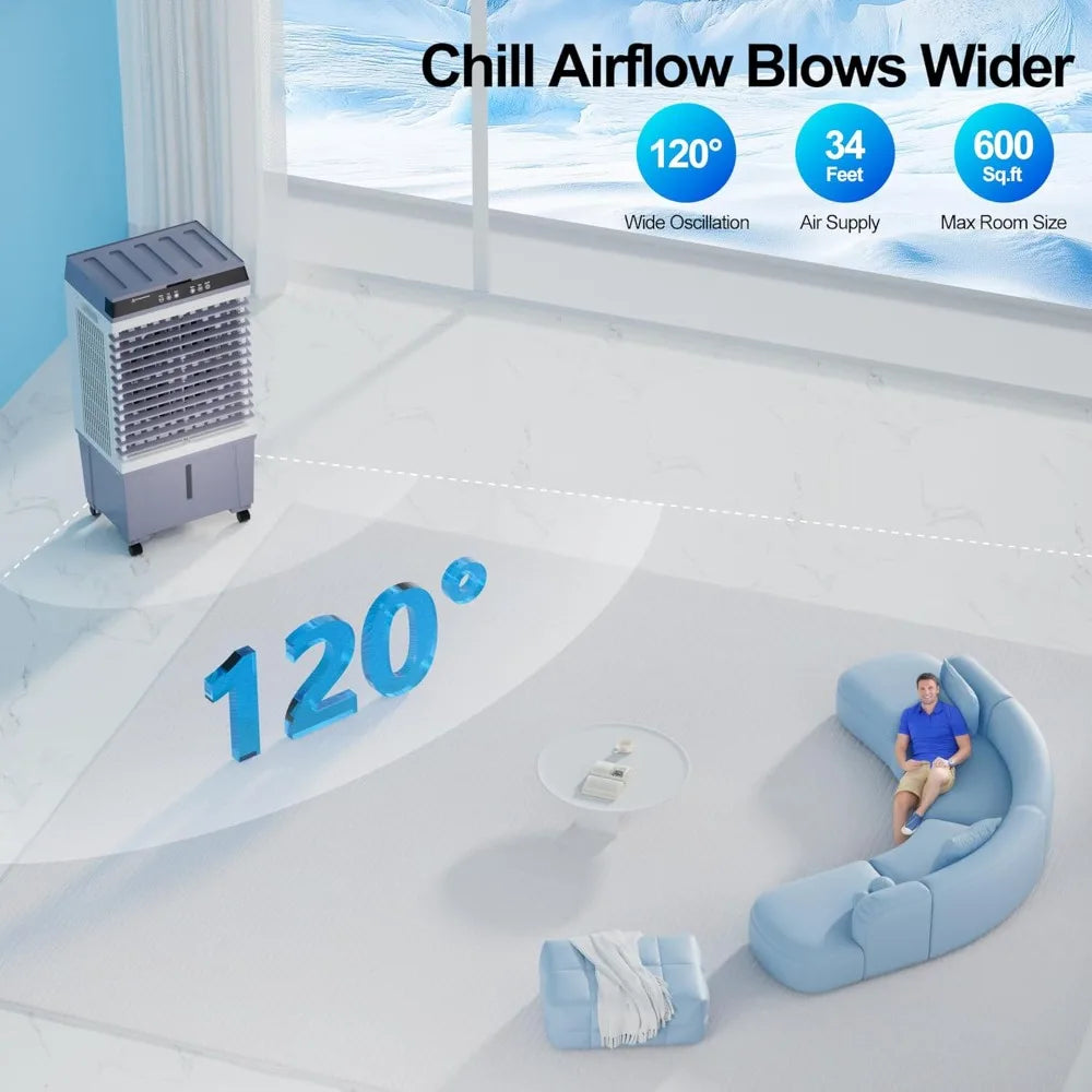 1800 CFM Swamp Cooler, 3-IN-1 Portable Evaporative Air Cooler with 5.3 Gal Tank, 6 Ice Packs, Remote, 12H Timer, 120° Oscillation, Cooling Fan for Room