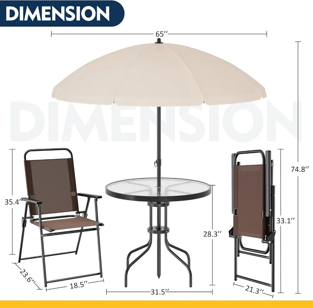 6 Piece Patio Dining Set with Umbrella, Outdoor Furniture Set with 4 Folding Chairs and Tempered Glass Top Table for Lawn Backyard Garden
