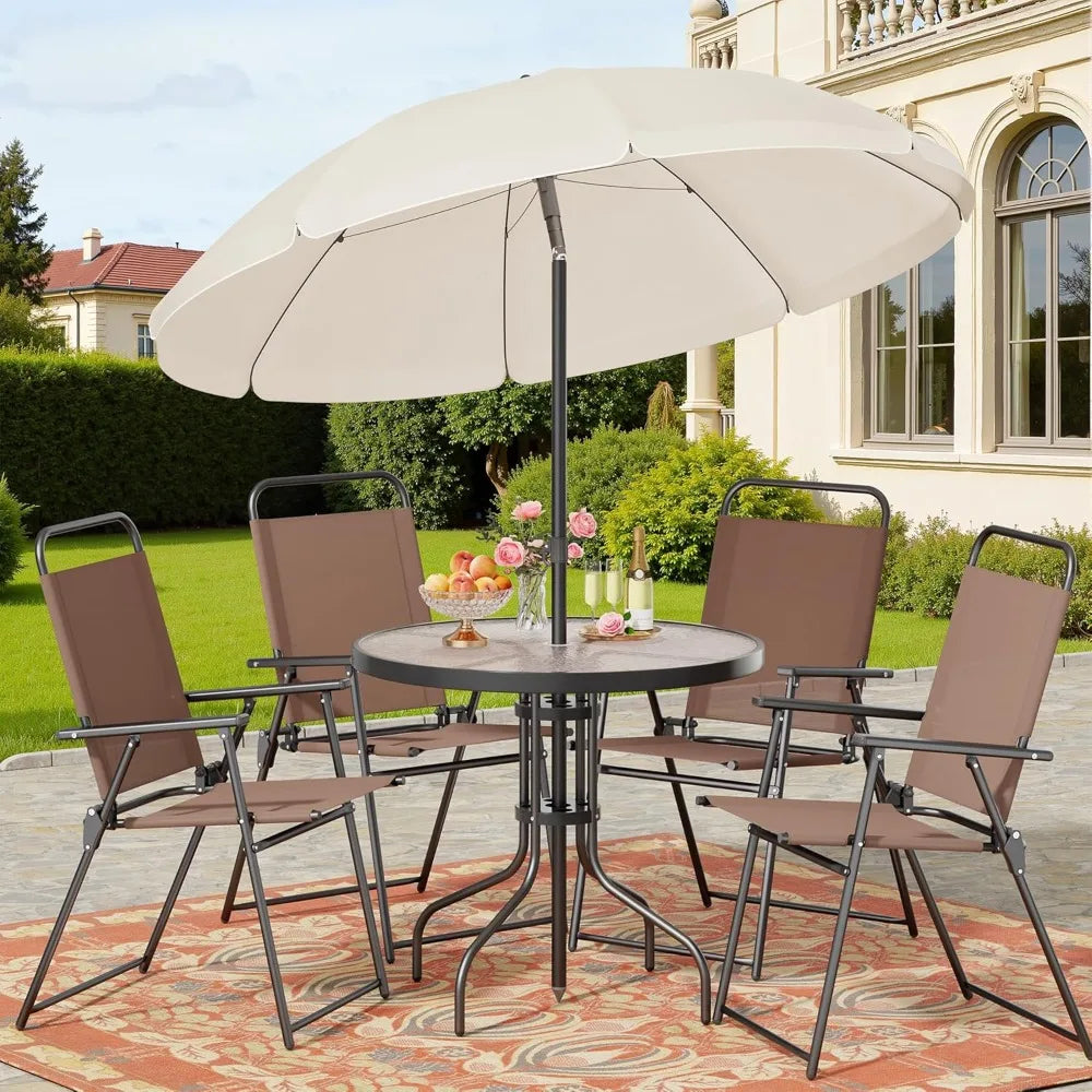 6 Piece Patio Dining Set with Umbrella, Outdoor Furniture Set with 4 Folding Chairs and Tempered Glass Top Table for Lawn Backyard Garden