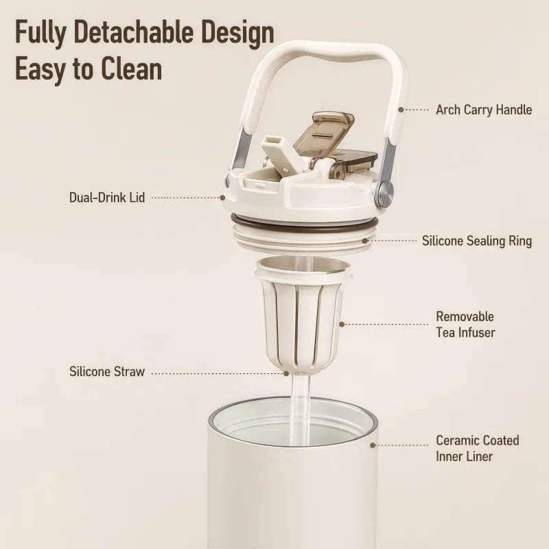800ML Ceramic Coated Insulated Tumbler with Straw Leakproof Travel Water Bottle Detachable Handle Tea Infuser Cup for Office Car