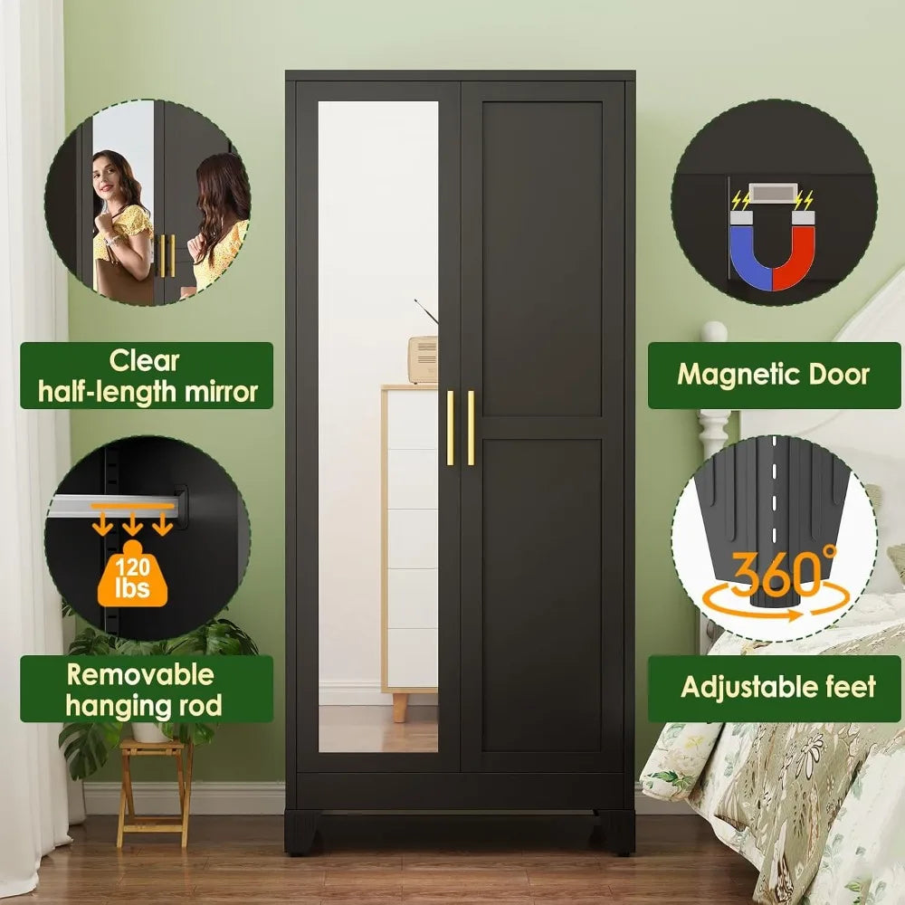 71" Metal Wardrobe Armoire 2 Mirror Doors Adjustable Shelves & Hanging Rod Clothing Storage Cabinet, Custom