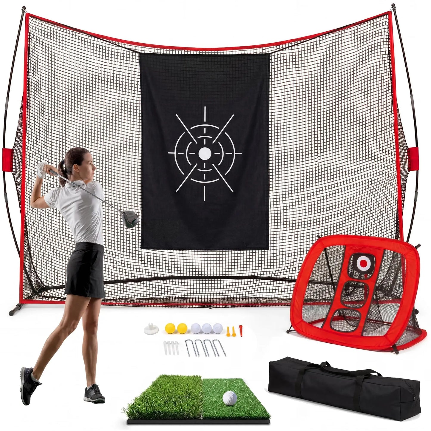 Backyard Golf Practice Net 10x7FT, Hitting Net Set With Chipping Target, Turf Mat, Balls, Tees And Carry Bag Indoor Outdoor