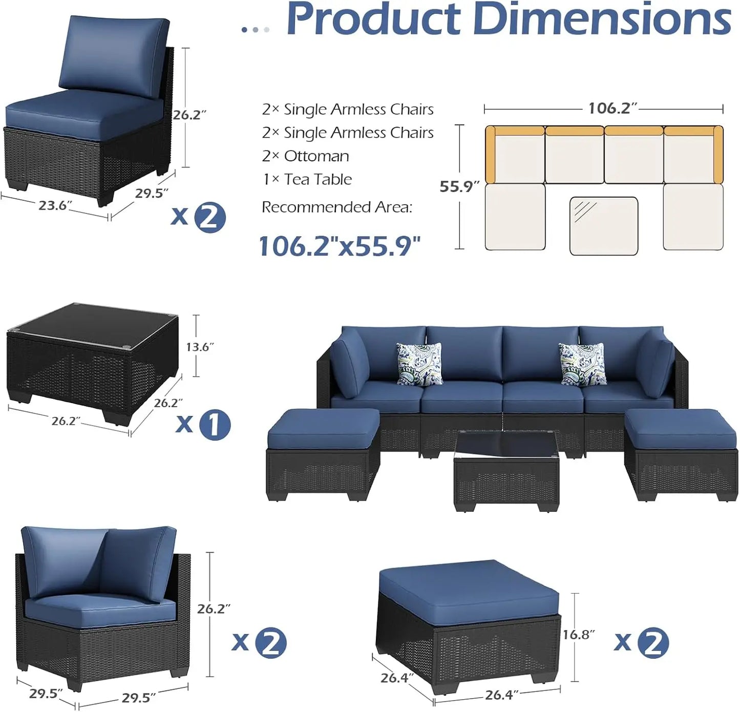 7 Piece Outdoor Patio Furniture Set, PE Rattan Wicker Sofa Set, Black Rattan