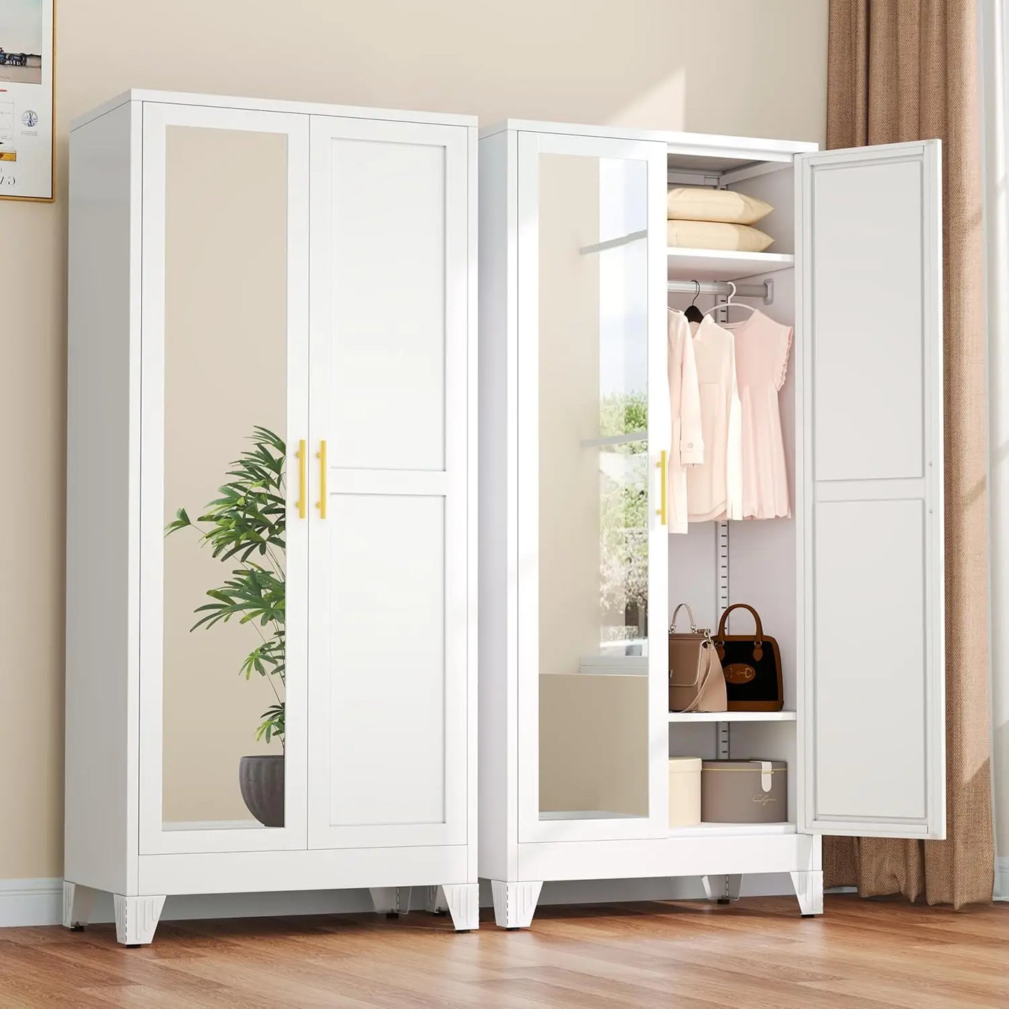 71" Metal Wardrobe Armoire 2 Mirror Doors Adjustable Shelves & Hanging Rod Clothing Storage Cabinet, Custom