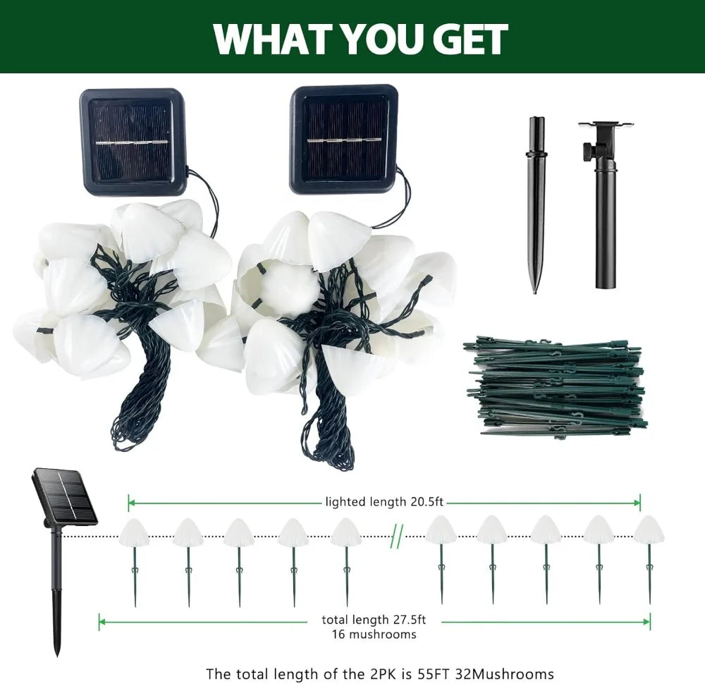 2PK 32LED 55FT Mushroom Solar Garden Lights, 8 Modes Waterproof Outdoor String Lights for Yard Decoration