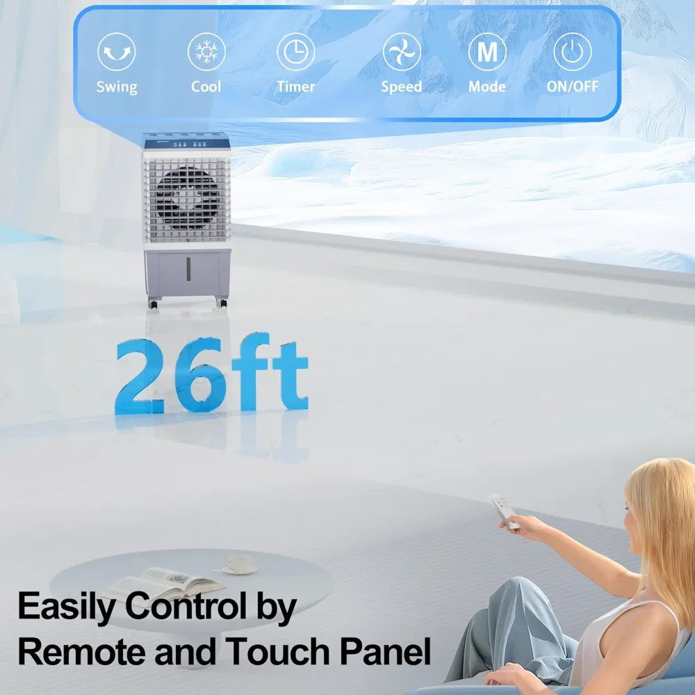 1800 CFM Swamp Cooler, 3-IN-1 Portable Evaporative Air Cooler with 5.3 Gal Tank, 6 Ice Packs, Remote, 12H Timer, 120° Oscillation, Cooling Fan for Room