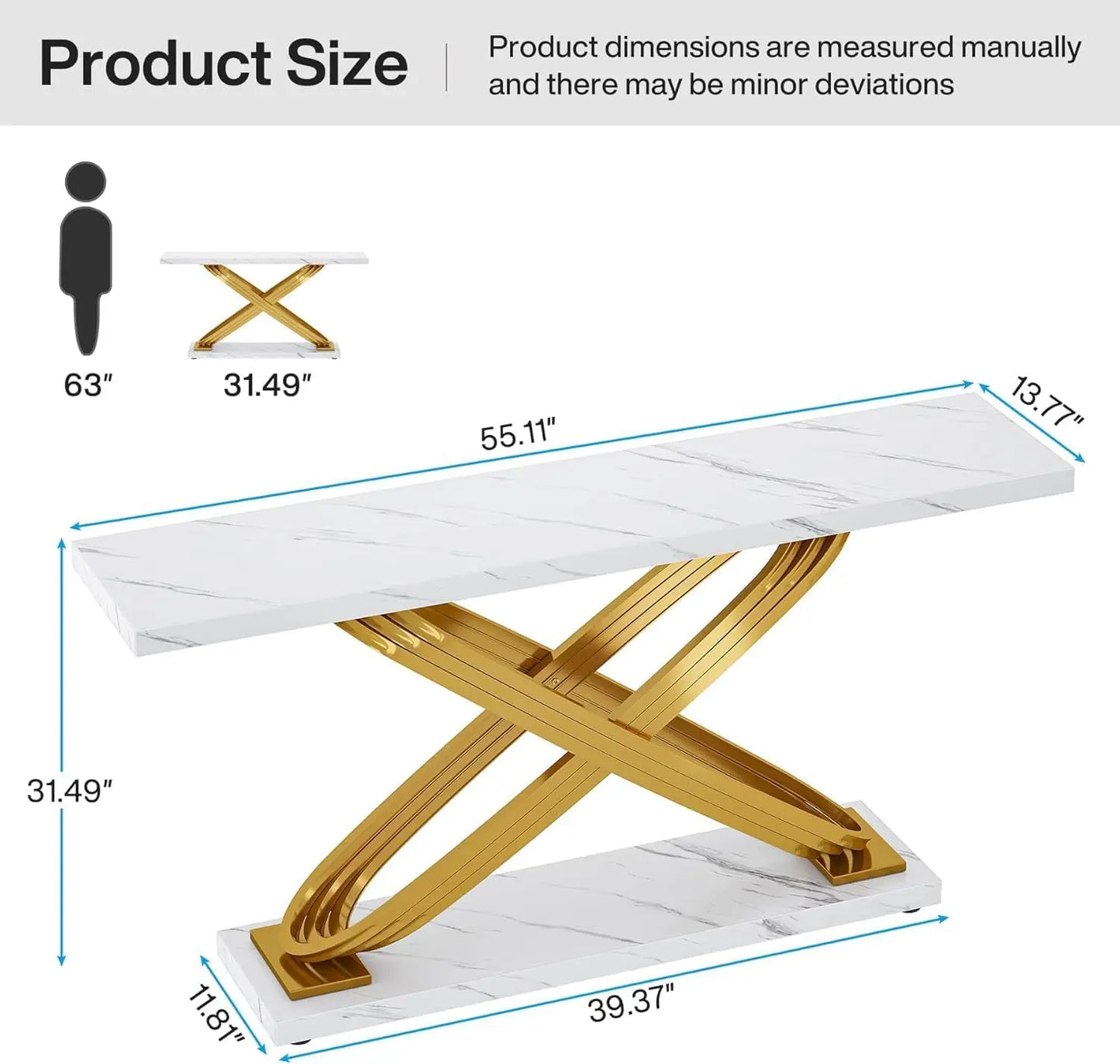55 Inch Modern Console Table, Gold Entryway Table Behind Sofa Couch, Narrow Rectangular Sofa Table for Living Room, Bedroom