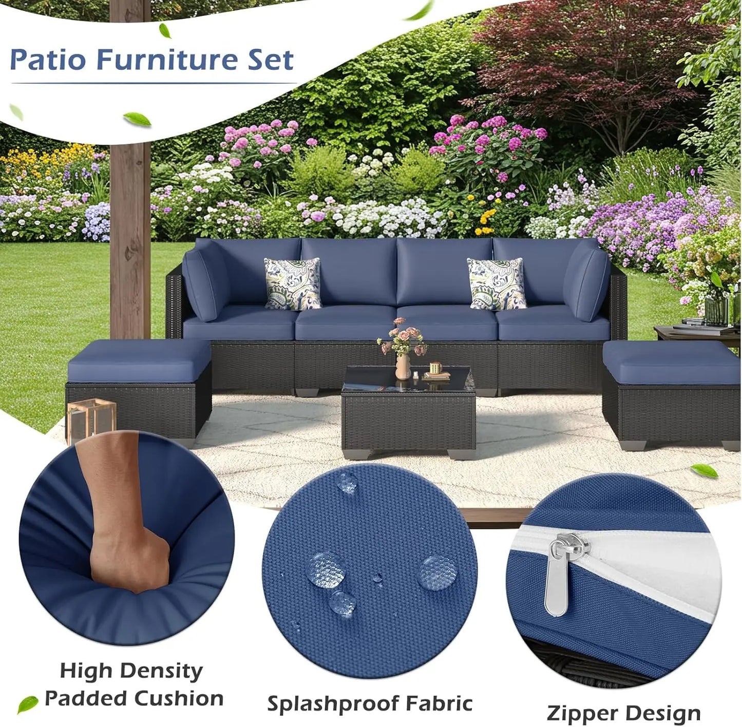 7 Piece Outdoor Patio Furniture Set, PE Rattan Wicker Sofa Set, Black Rattan