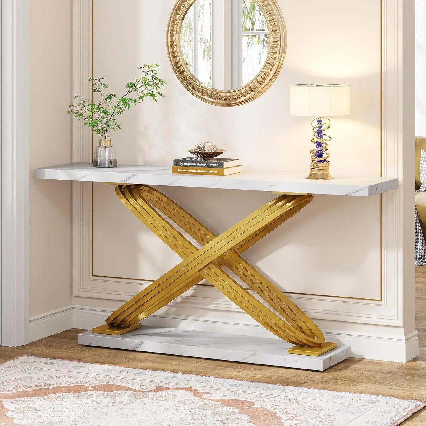 55 Inch Modern Console Table, Gold Entryway Table Behind Sofa Couch, Narrow Rectangular Sofa Table for Living Room, Bedroom