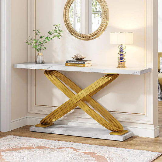 55 Inch Modern Console Table, Gold Entryway Table Behind Sofa Couch, Narrow Rectangular Sofa Table for Living Room, Bedroom